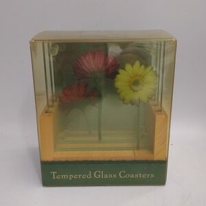 Highland Graphics Tempered Glass Daisey's Scene Coasters Wood Holder Set of 4